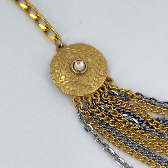 Vintage Multi Strand Festoon Gold Silver Chain Necklace Ornate Discs Hearts - Picture 13 of 14